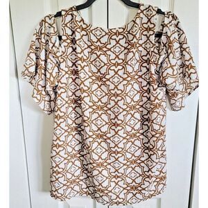 Chico's 2 Blouse Top Cold‎ Shoulder Button Front Brown/Off White SS